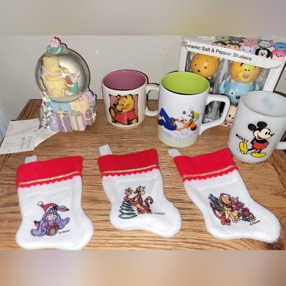 Disney Other - Disney Lot, 3 Coffee/Tea Mug Winnie the Pooh Snow Globe,3 Stockings, S&P Shakers